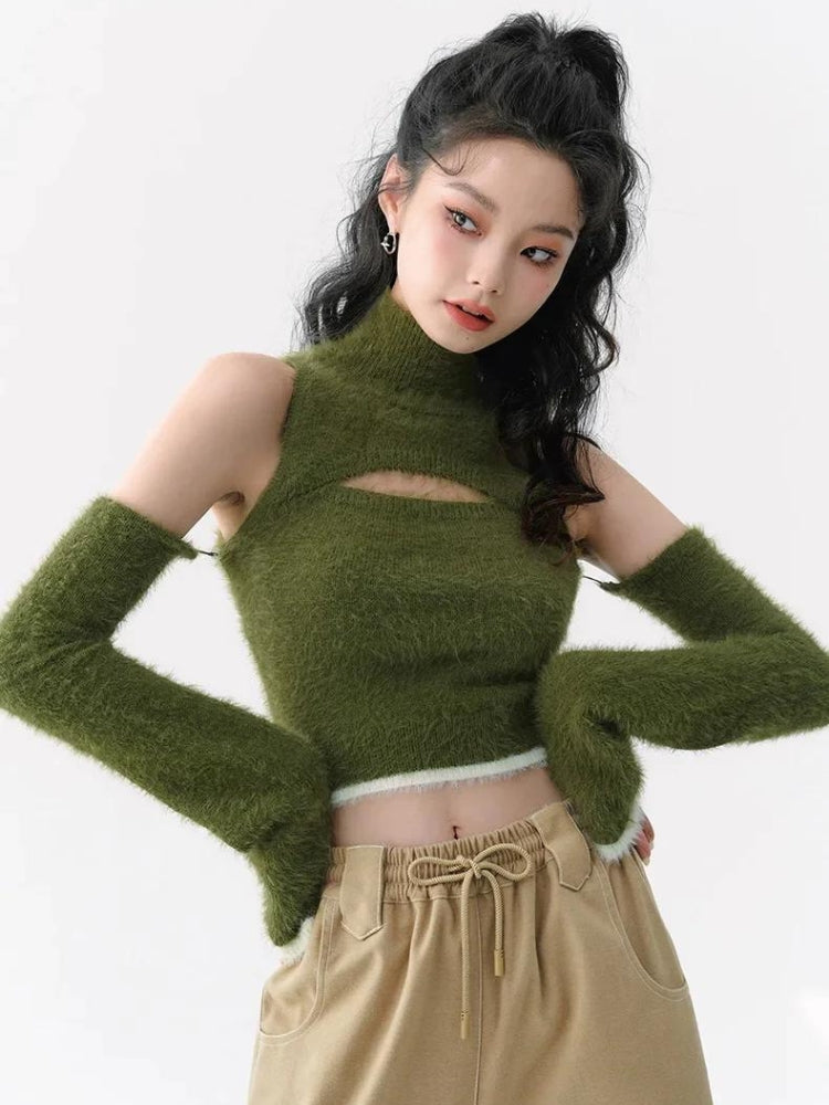 Coquette Aesthetic Cut Out Fluffy Crop Sweater Top for Y2K Fashion Lovers