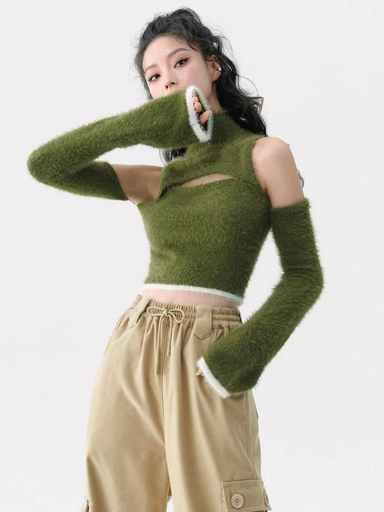 Coquette Aesthetic Cut Out Fluffy Crop Sweater Top for Y2K Fashion Lovers