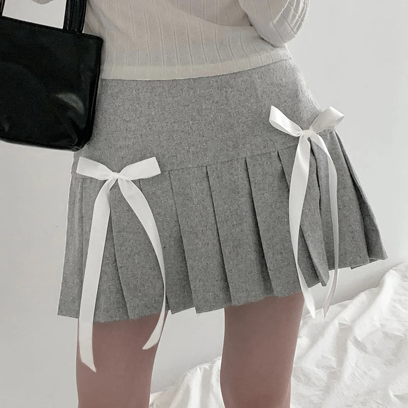 Coquette Aesthetic Double Bow Gray Pleated Mini Skirt for Y2K Fashion Lovers