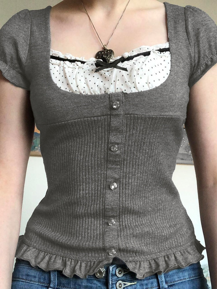 Coquette Aesthetic Gray Milkmaid Top with Puff Sleeves for Y2K Fashion Lovers