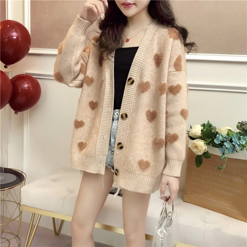 Coquette Aesthetic Heart Pattern Cardigan Sweater for Y2K Fashion Lovers