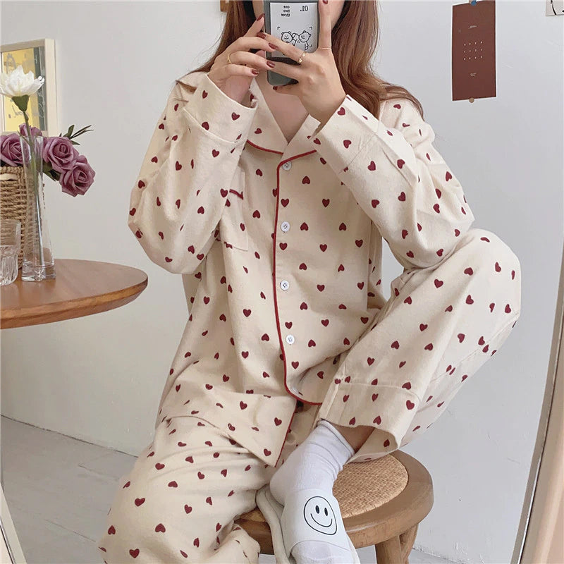 Coquette Aesthetic Hearts Full Printed 2-Piece Pajama Set for Y2K Fashion Lovers