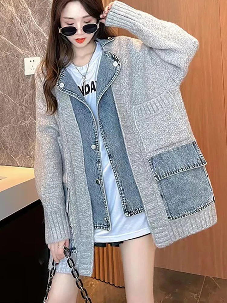 Coquette Aesthetic Japanese Denim Knitted Cardigan for Y2K Fashion Lovers