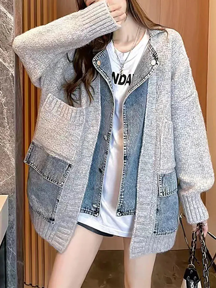 Coquette Aesthetic Japanese Denim Knitted Cardigan for Y2K Fashion Lovers