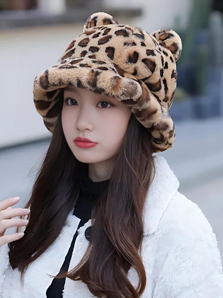 Coquette Aesthetic Leopard Ear Plush Hat for Y2K Fashion Lovers and Cute Outfits