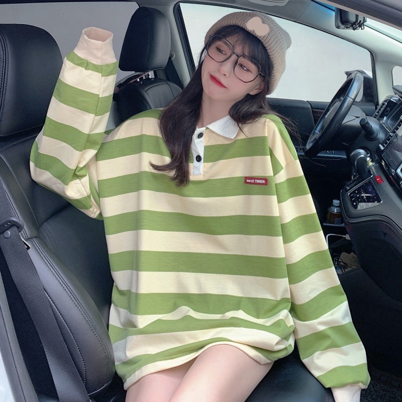 Coquette Aesthetic Long Sleeve Green Striped Turn Down Collar Sweatshirt for Y2K Style