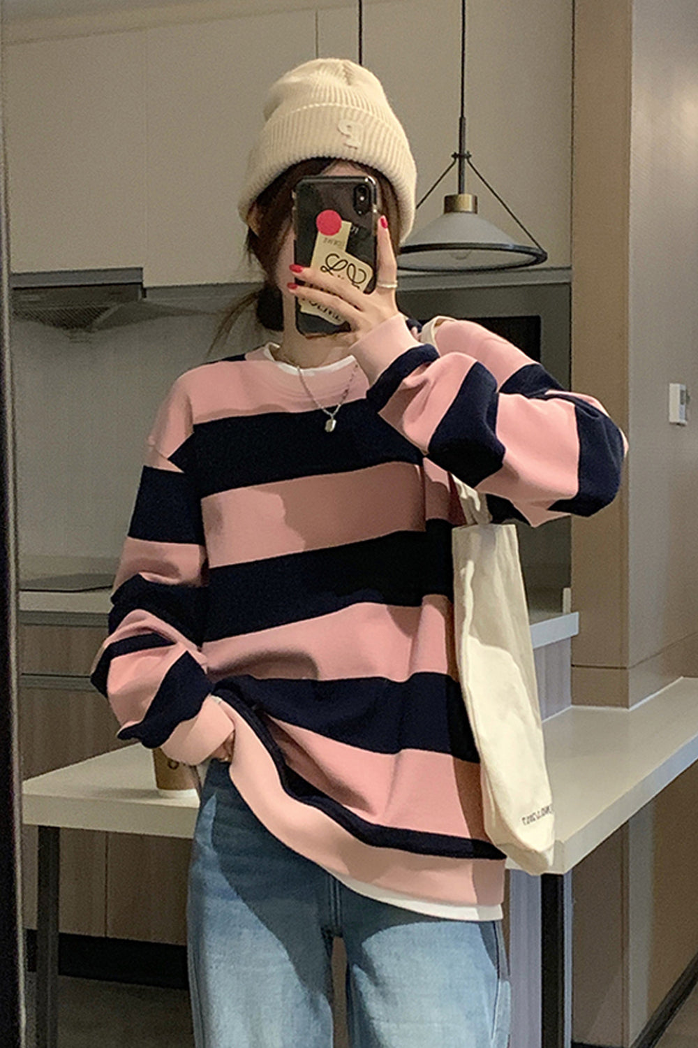 Coquette Aesthetic Long Sleeve Pink Striped Sweatshirt for Y2K Fashion Lovers