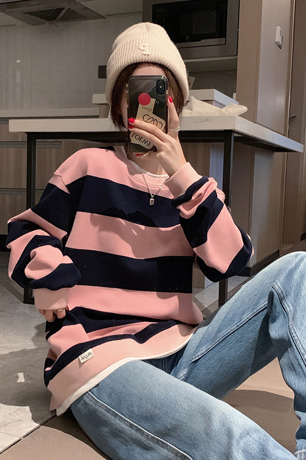 Coquette Aesthetic Long Sleeve Pink Striped Sweatshirt for Y2K Fashion Lovers