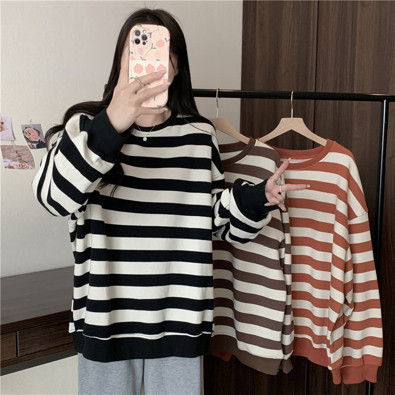 Coquette Aesthetic Long Sleeve Striped Fleece Sweatshirt for Y2K Fashion Lovers