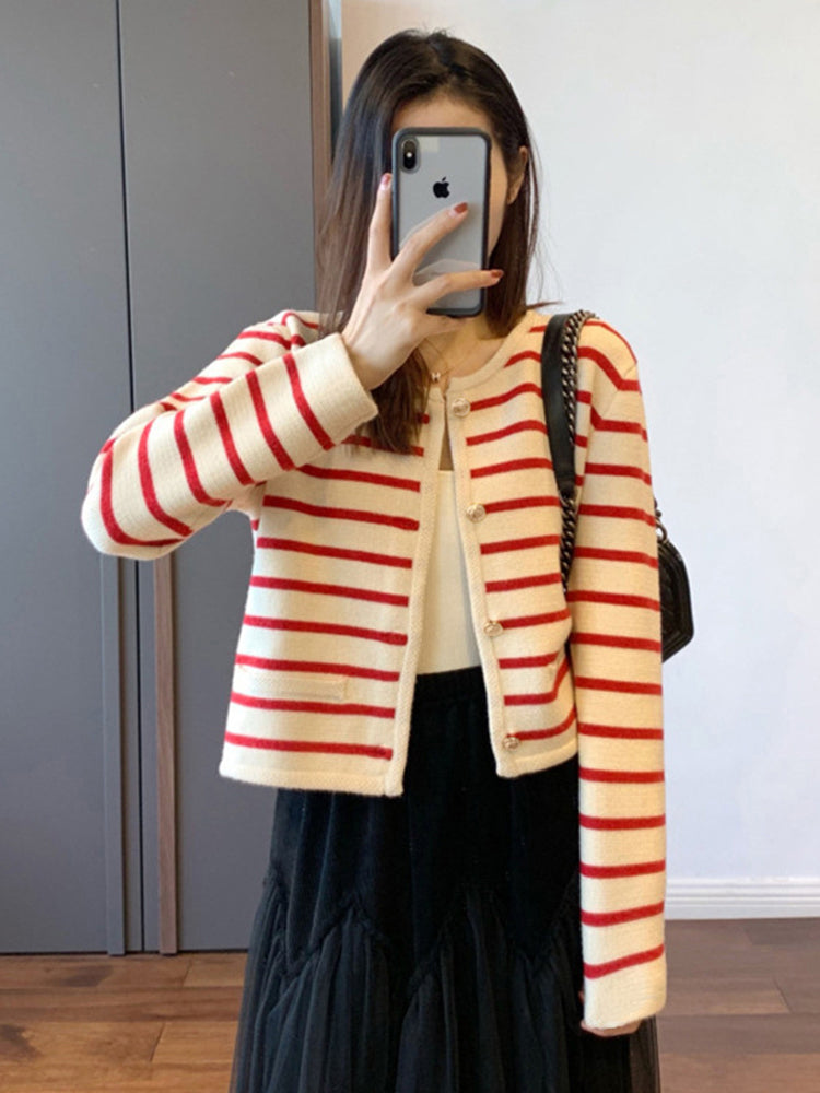 Coquette Aesthetic Long Sleeve Striped Knitted Cardigan Sweater for Y2K Fashion Lovers