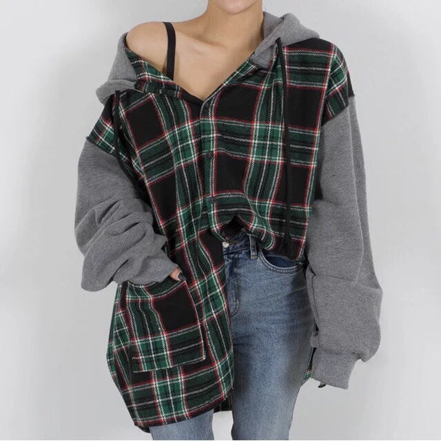 Coquette Aesthetic Loose Long Sleeve Plaid Hoodie for Y2K Fashion Lovers