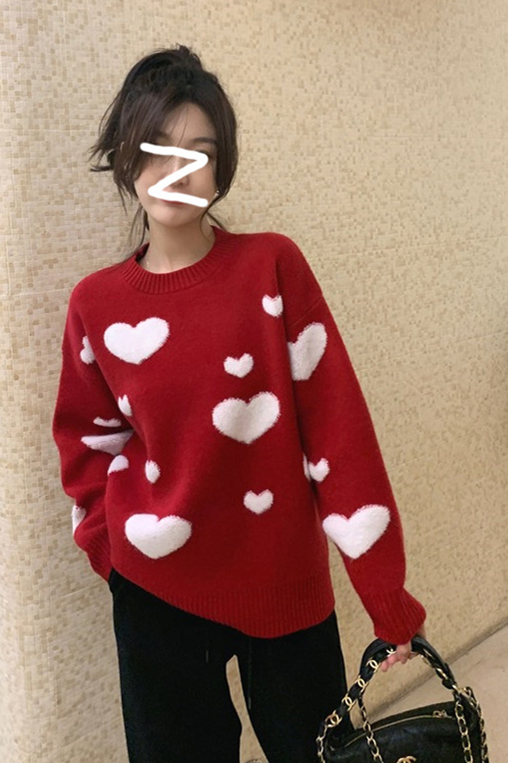 Coquette Aesthetic Loose Love Heart Pattern Sweater - Y2K Fashion Cute Knit Top