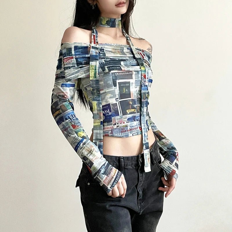 Coquette Aesthetic Mesh Printed Crop Top for Y2K Fashion Lovers