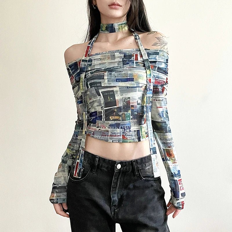 Coquette Aesthetic Mesh Printed Crop Top for Y2K Fashion Lovers