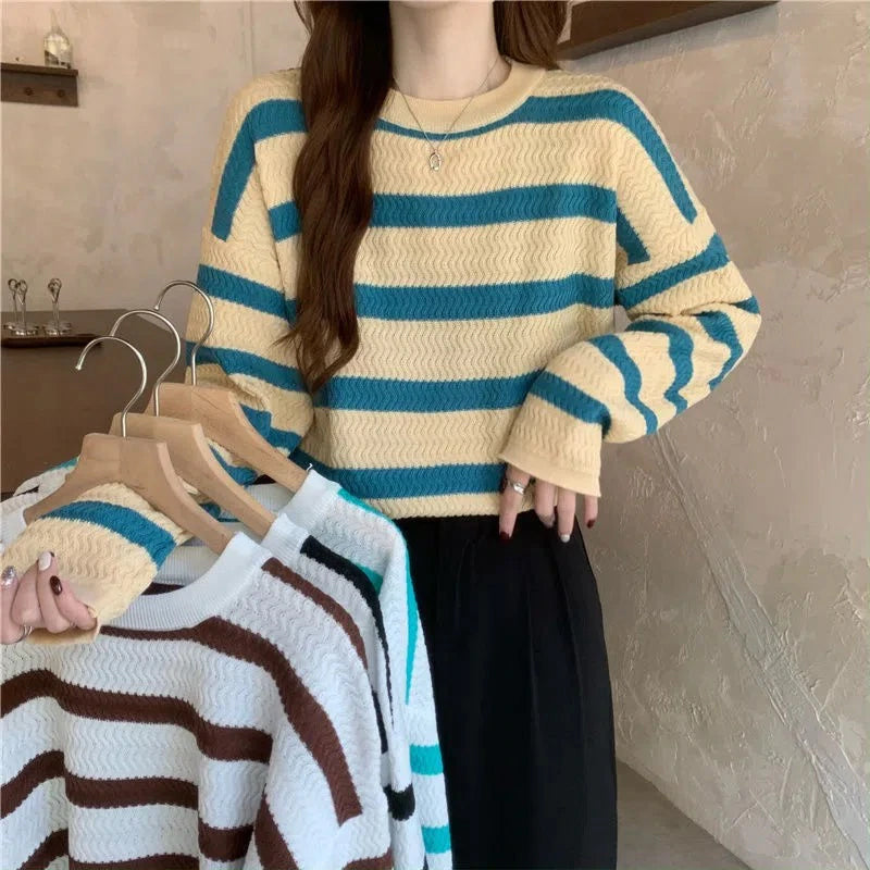 Coquette Aesthetic O-Neck Striped Knitted Sweater for Y2K Fashion Lovers