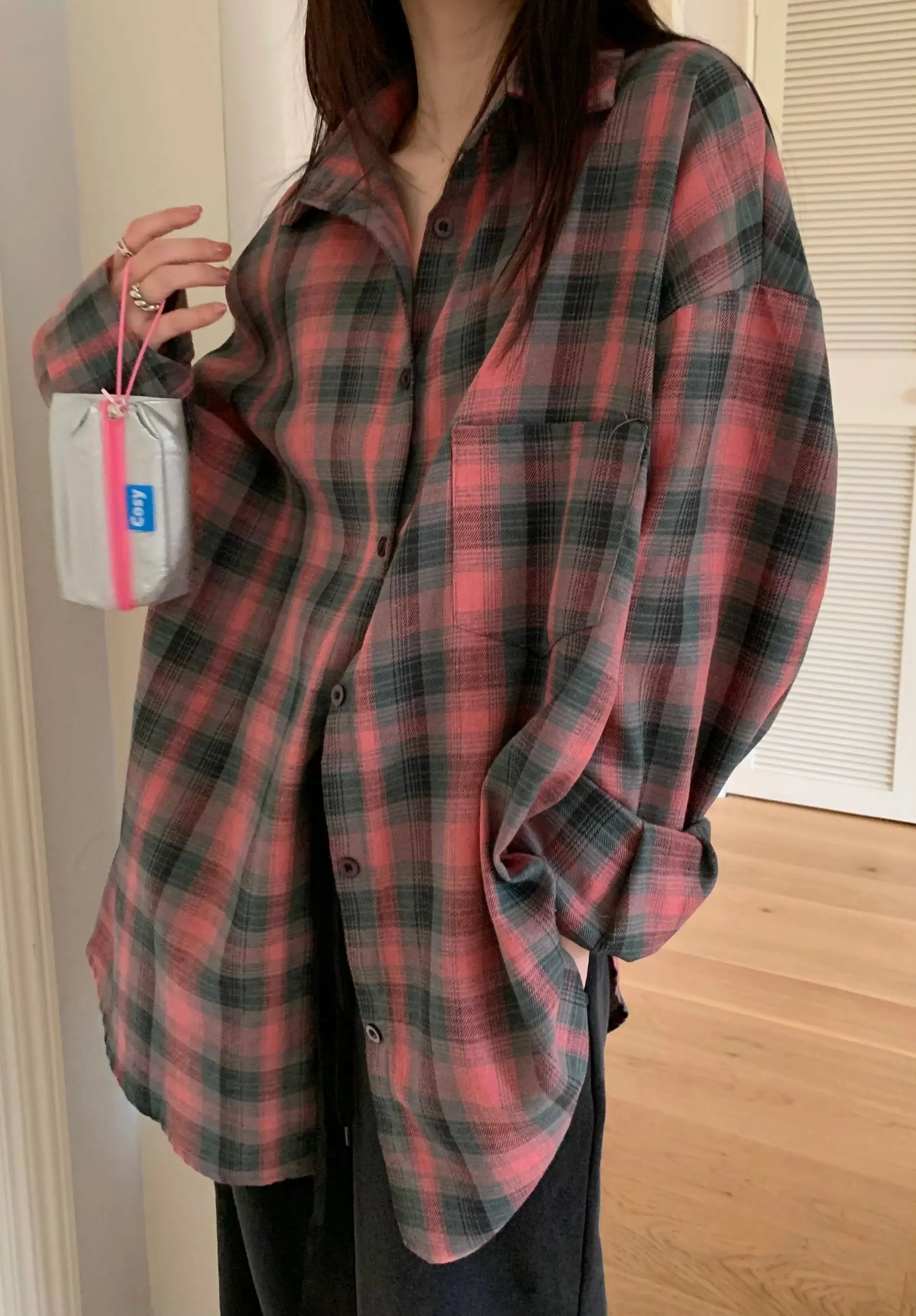 Coquette Aesthetic Oversized Plaid Flannel Shirt for Y2K Fashion Lovers