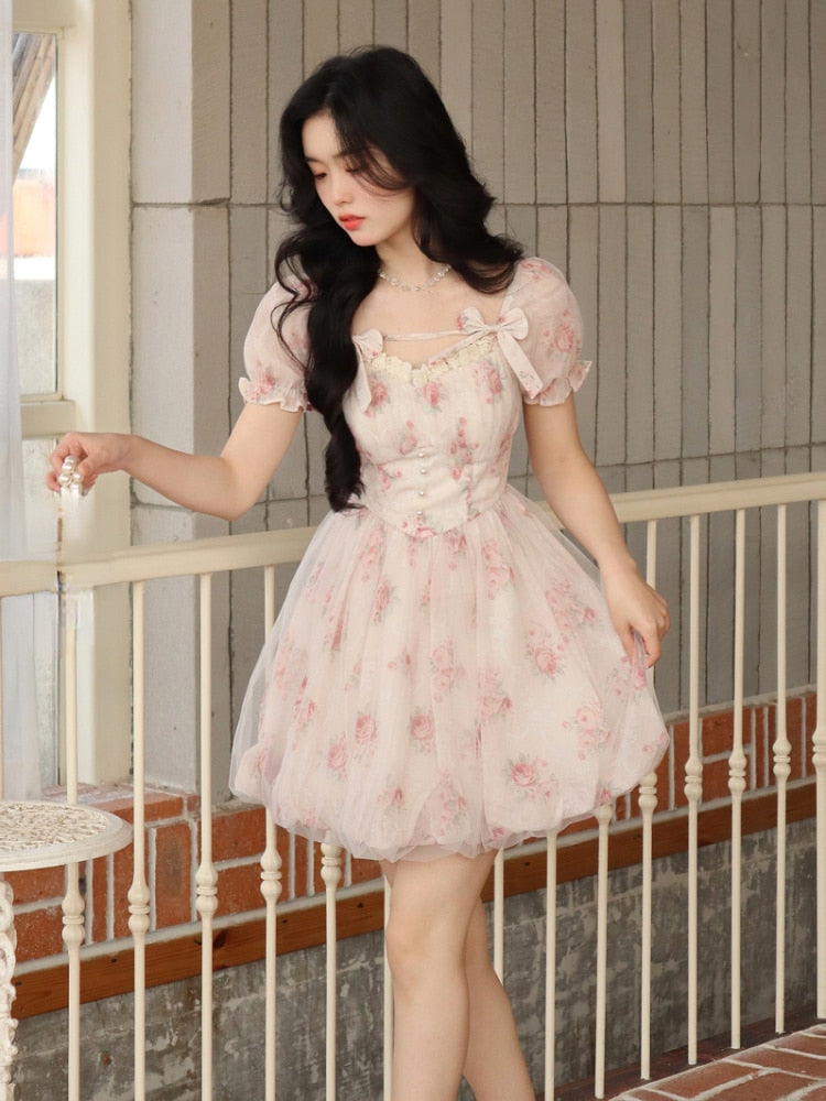 Coquette Aesthetic Soft Girl White Floral Puff Sleeve Dress for Y2K Fashion Lovers