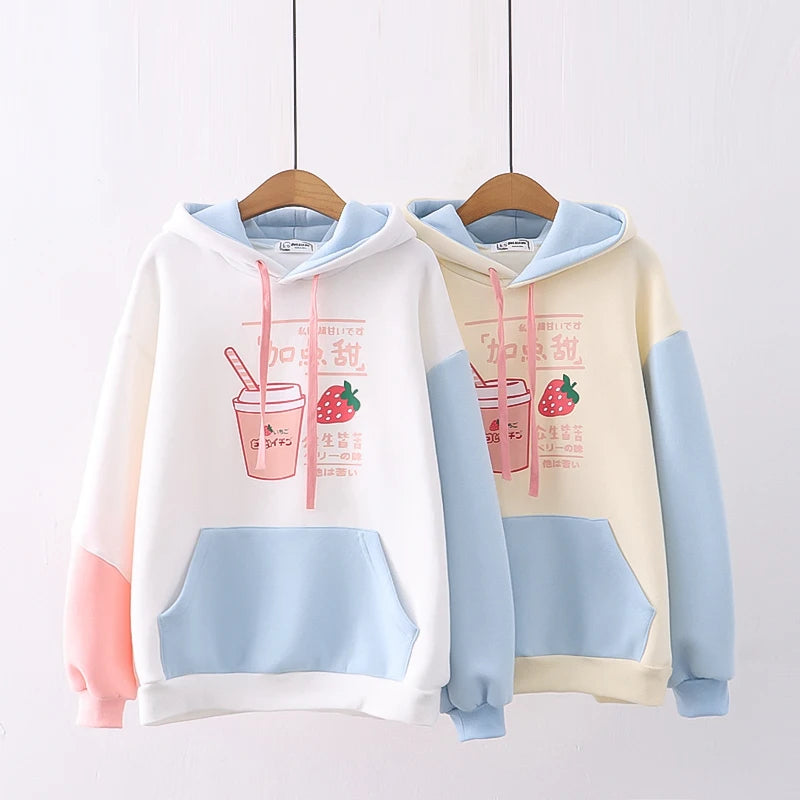 Coquette Aesthetic Strawberry Milk Fleece Hoodie - Y2K Style Comfy Cute Top