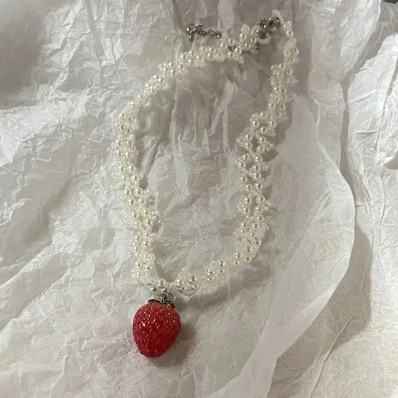 Coquette Aesthetic Strawberry Pearl Beaded Necklace for Cute and Stylish Outfits