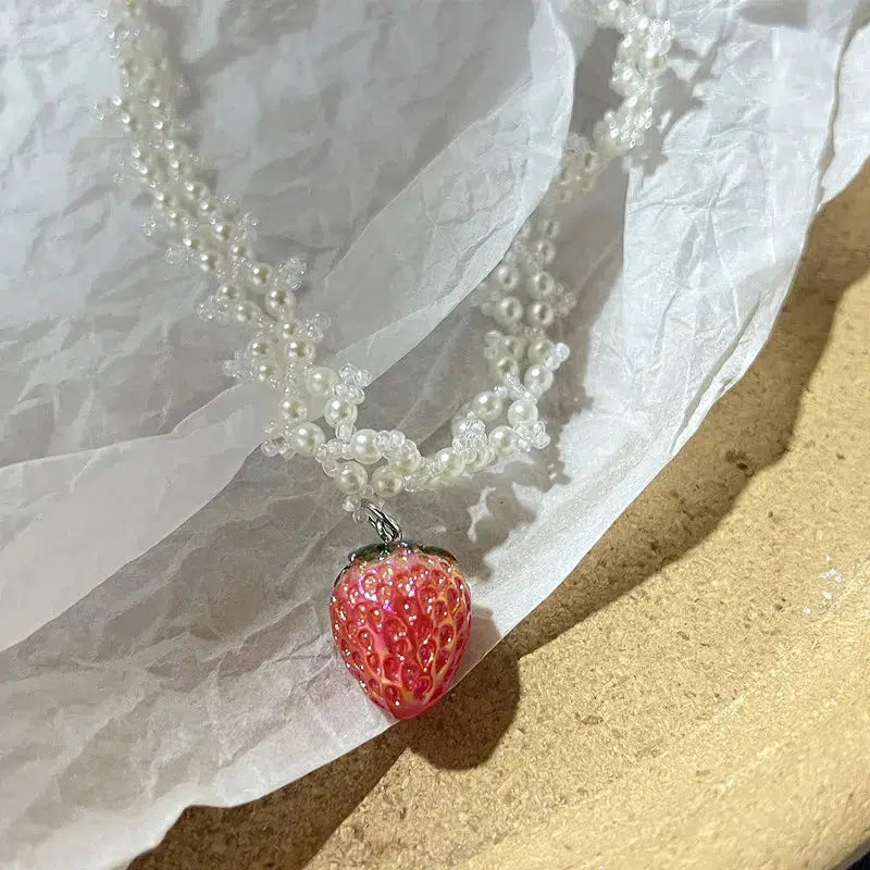 Coquette Aesthetic Strawberry Pearl Beaded Necklace for Cute and Stylish Outfits