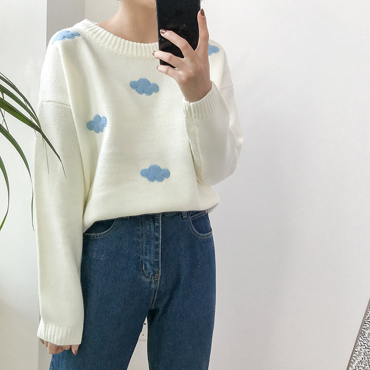 Coquette Aesthetic Vintage Clouds Knitted Sweater - Y2K Fashion Cute Knit Top