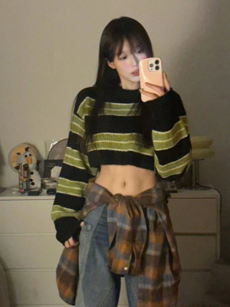 Coquette Grunge Striped Cropped Sweater - Y2K Aesthetic Loose Fit Top for Trendy Outfits