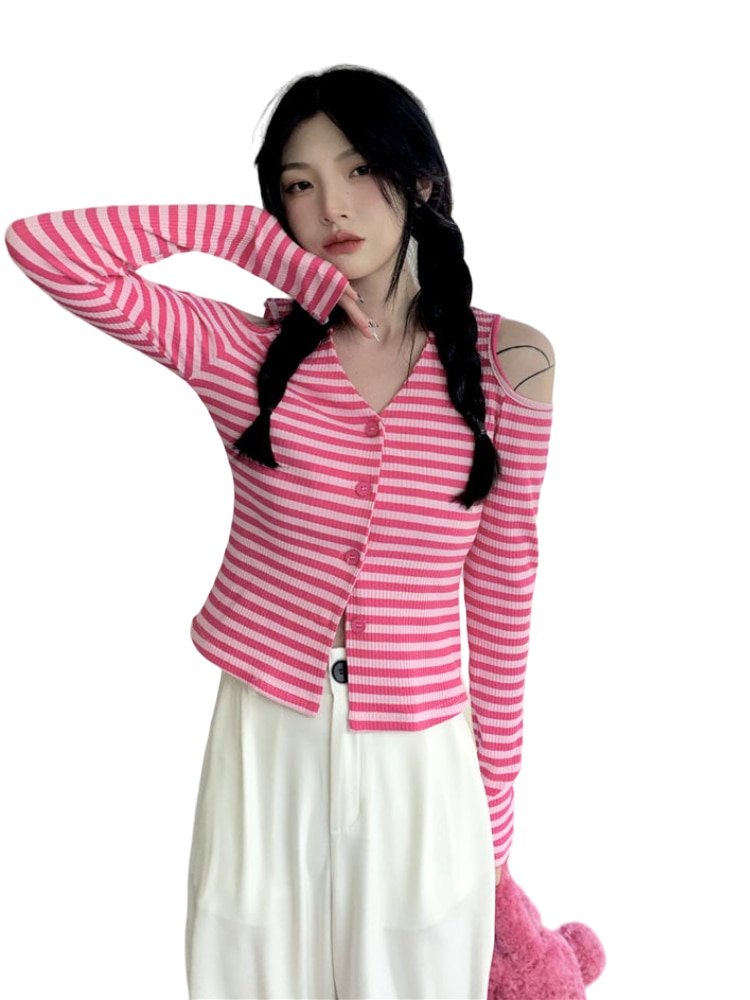 Coquette Striped Off-Shoulder Knitwear Cardigan for Y2K Aesthetic Outfits