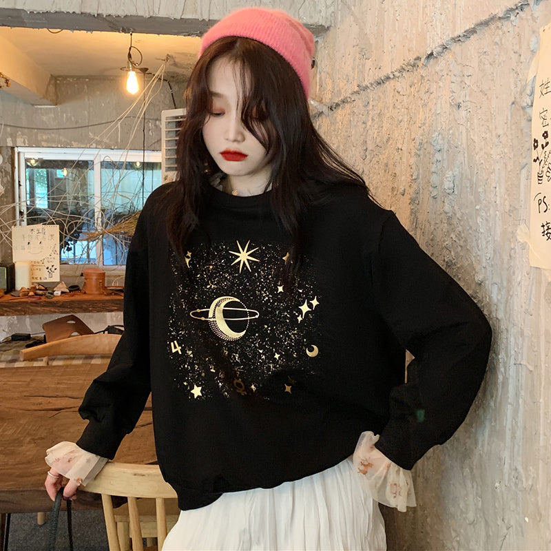 Cosmic Moon and Stars Pattern Casual Y2K Sweatshirt for Aesthetic Outfits