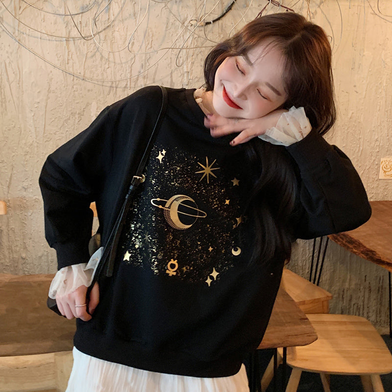 Cosmic Moon and Stars Pattern Casual Y2K Sweatshirt for Aesthetic Outfits