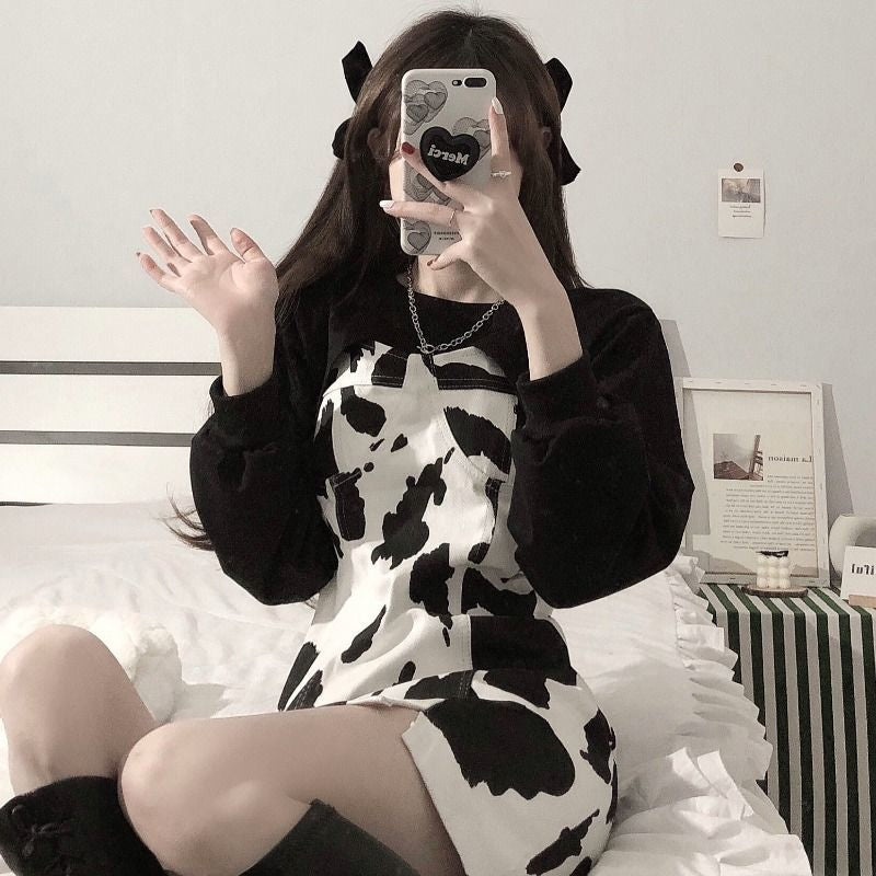 Cow Print Cropped Sweatshirt & Matching Dress Set - Y2K Aesthetic 2 Piece Outfit