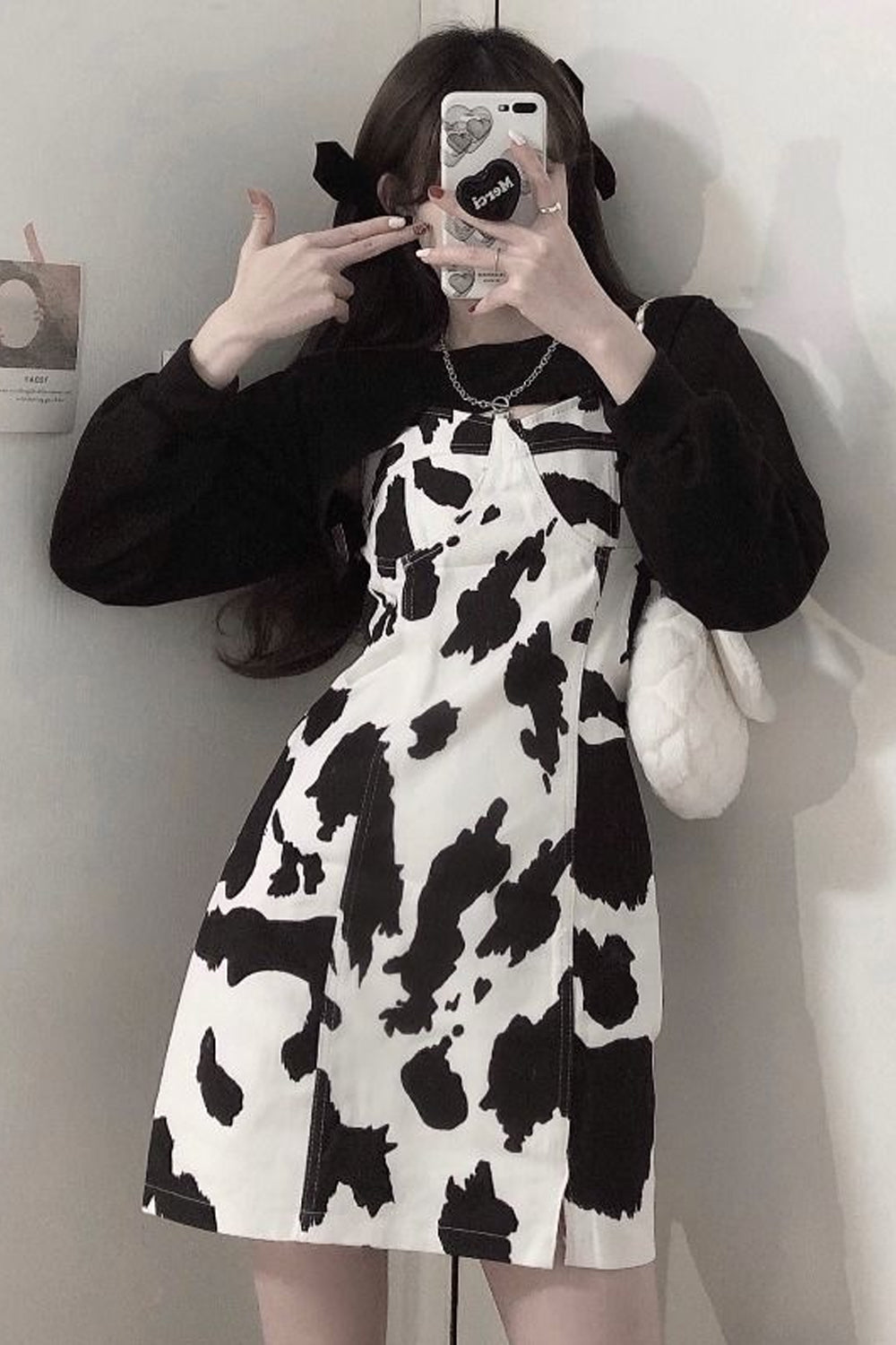 Cow Print Cropped Sweatshirt & Matching Dress Set - Y2K Aesthetic 2 Piece Outfit