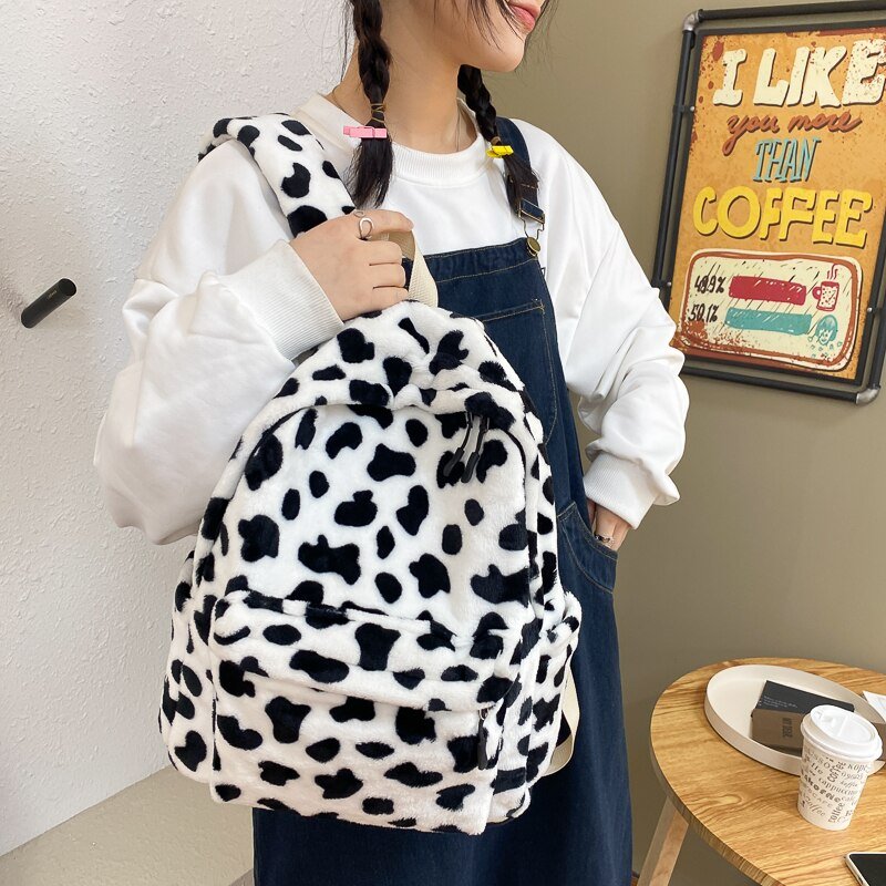 Cow Print Plush Backpack - Cute Kawaii Aesthetic Bag for Y2K and Coquette Style Lovers