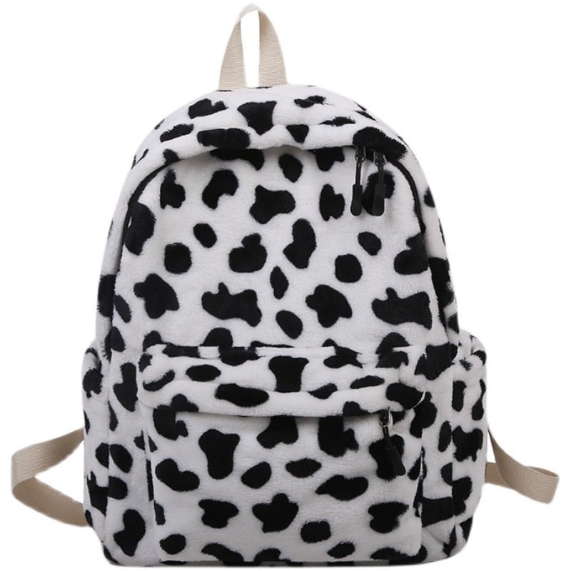 Cow Print Plush Backpack - Cute Kawaii Aesthetic Bag for Y2K and Coquette Style Lovers