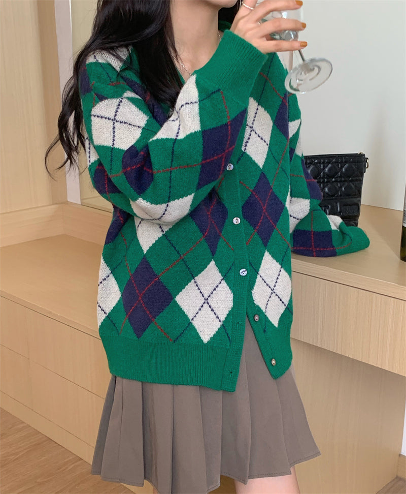 Cozy Argyle Pattern Cardigan Sweater for Y2K Aesthetic and Preppy Style Outfits