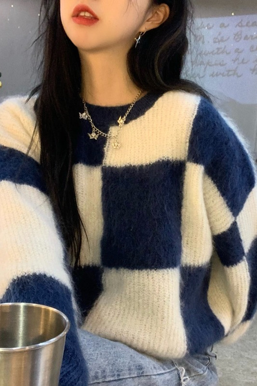 Cozy Blue Checkered Pattern Y2K Aesthetic Sweater for Effortless Style