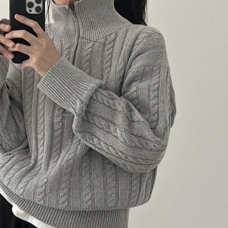 Cozy Cable Knit Quarter-Zip Sweater for Y2K Aesthetic and Grunge Style Outfits