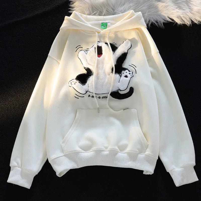 Cozy Cartoon Cat Fleece Hoodie for Y2K Aesthetic and Cute Outfits