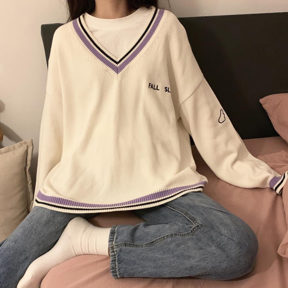 Cozy Fall Sleep Quotes V-Neck Loose Sweater for Y2K Aesthetic and Comfy Style