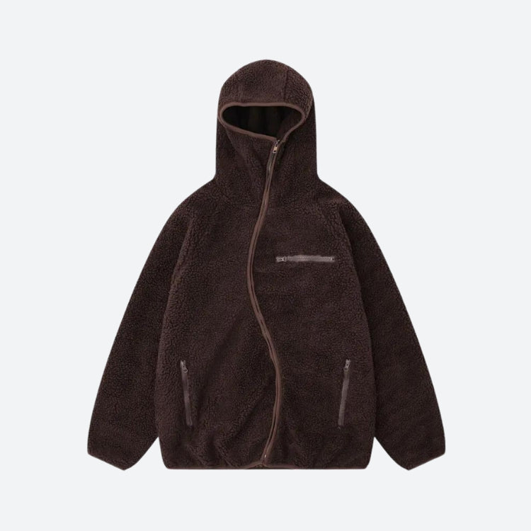 Cozy Funnel Neck Zip-Up Teddy Hoodie for Y2K Aesthetic and Grunge Style Outfits