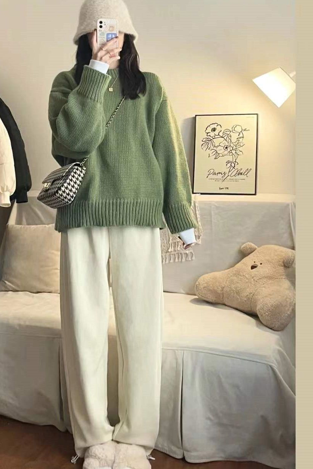 Cozy Green Basic Loose Knit Crewneck Sweater for Y2K Aesthetic Outfits