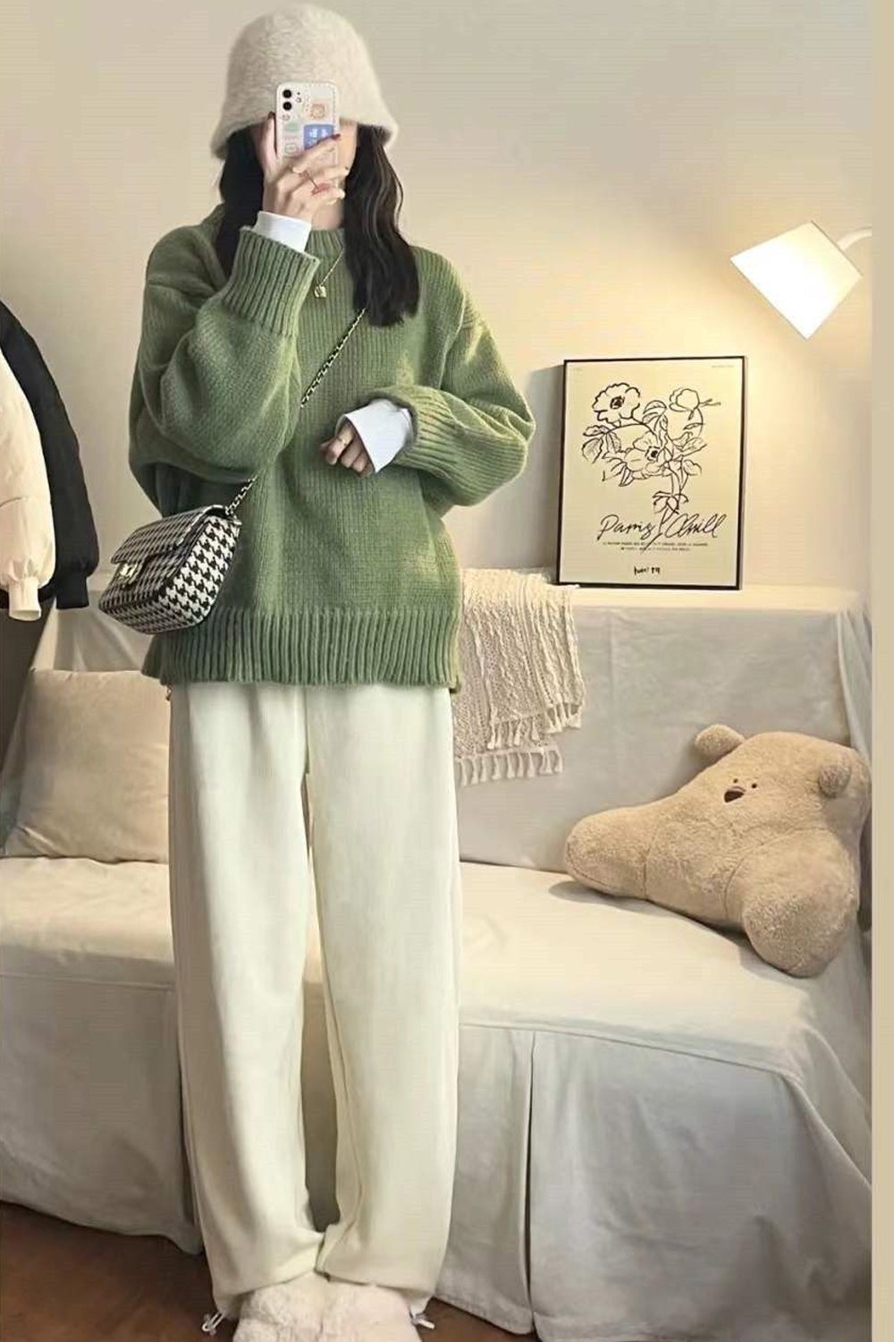 Cozy Green Basic Loose Knit Crewneck Sweater for Y2K Aesthetic Outfits