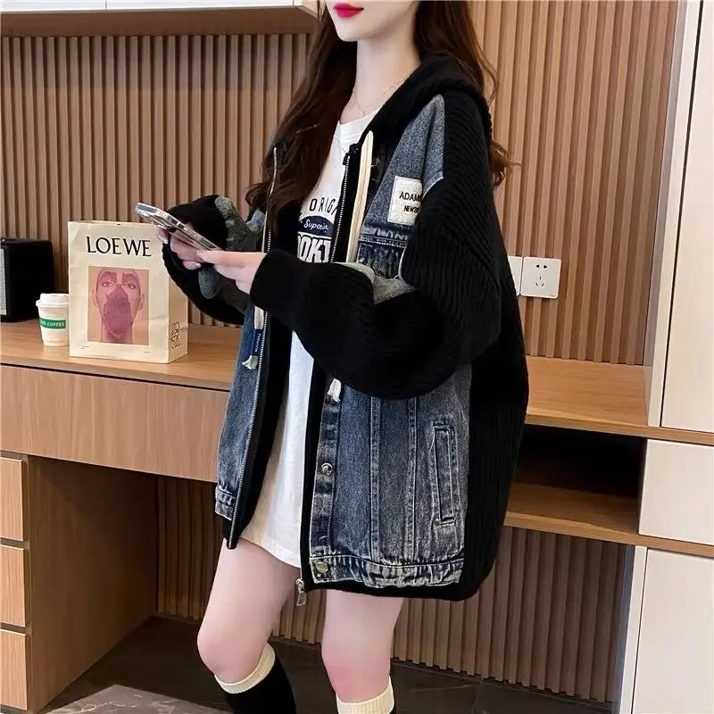 Cozy Knitted Denim Jacket for Y2K Aesthetic Outfits and Grunge Style Looks