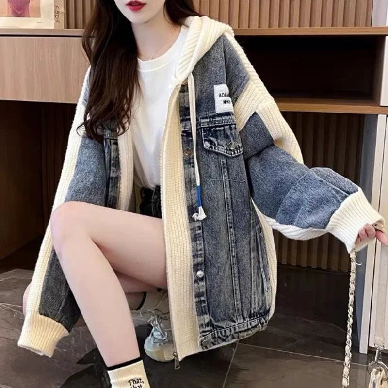 Cozy Knitted Denim Jacket for Y2K Aesthetic Outfits and Grunge Style Looks