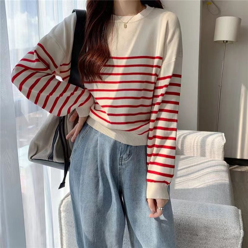 Cozy Long Sleeve O-Neck Striped Sweater for Y2K Aesthetic and Casual Outfits