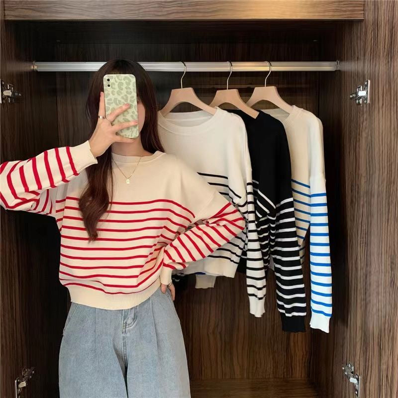 Cozy Long Sleeve O-Neck Striped Sweater for Y2K Aesthetic and Casual Outfits