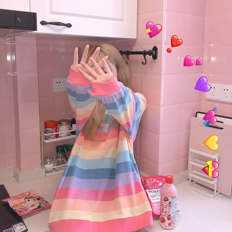 Cozy Long Sleeve Rainbow Striped Sweatshirt for Y2K Aesthetic and Cute Outfits