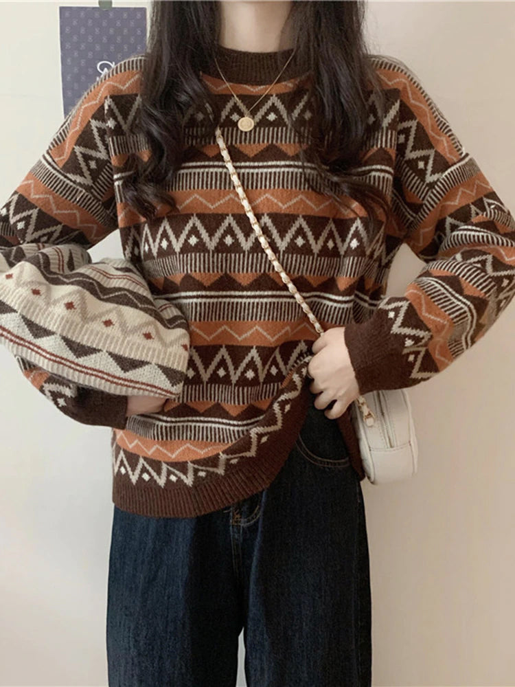 Cozy Long Sleeve Retro Knitted Sweater for Y2K Aesthetic and Vintage Style Lovers