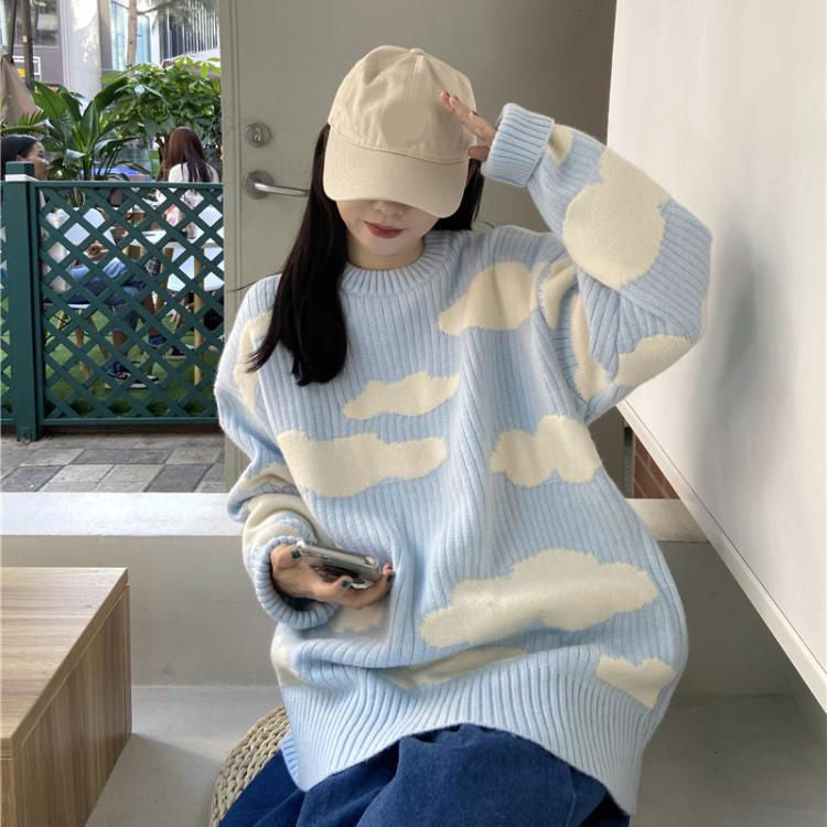 Cozy Loose Clouds Pattern Knitted Sweater for Y2K Aesthetic and Soft Girl Style