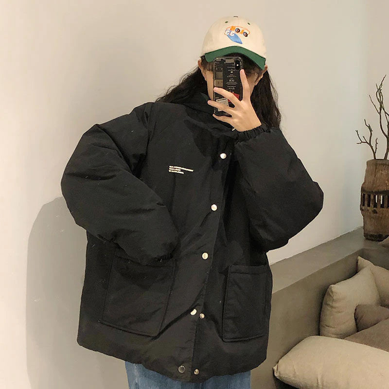 Cozy Loose-Fit Padded Warm Jacket with Two Side Pockets for Y2K Aesthetic Style