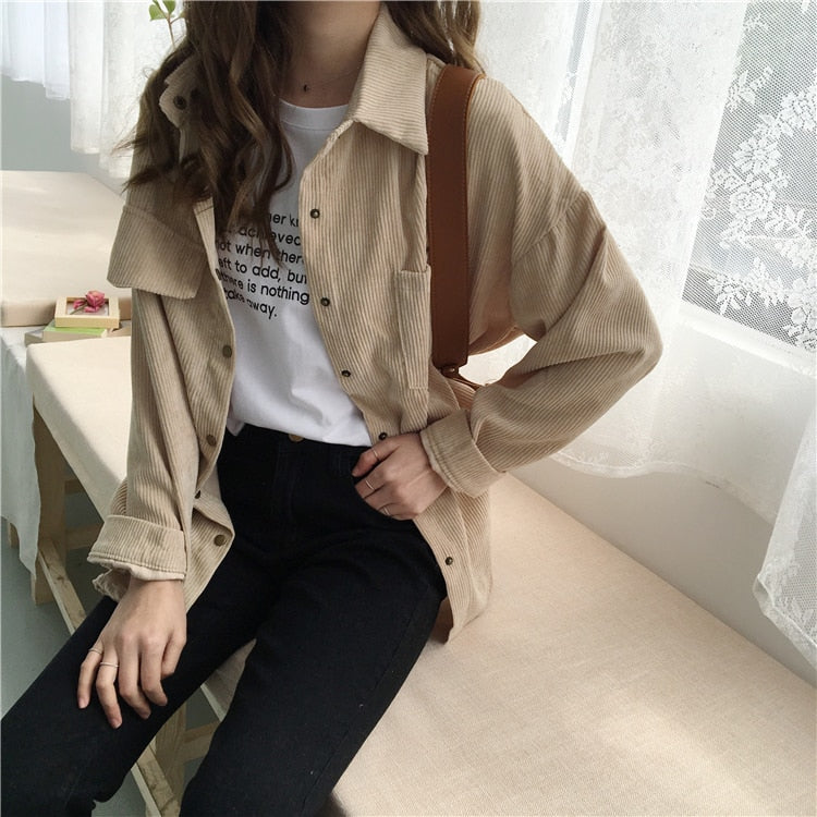 Cozy Loose Solid Long Sleeve Corduroy Top for Y2K Aesthetic and Grunge Style Outfits